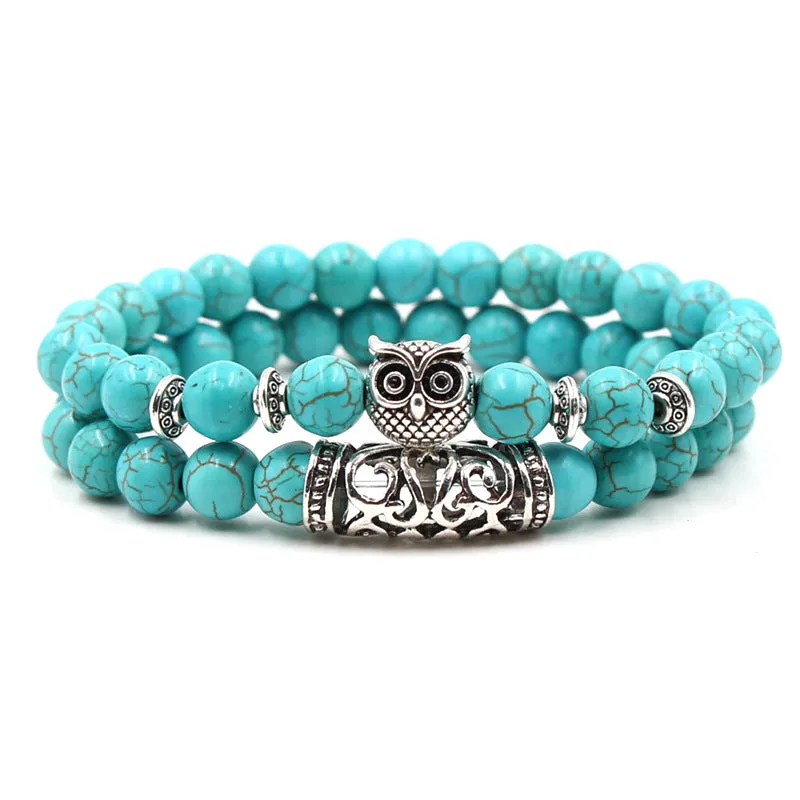 8mm Bohemian Turquoise Bracelet Set – Silver Lion, Owl & Buddha Head Charms for Men