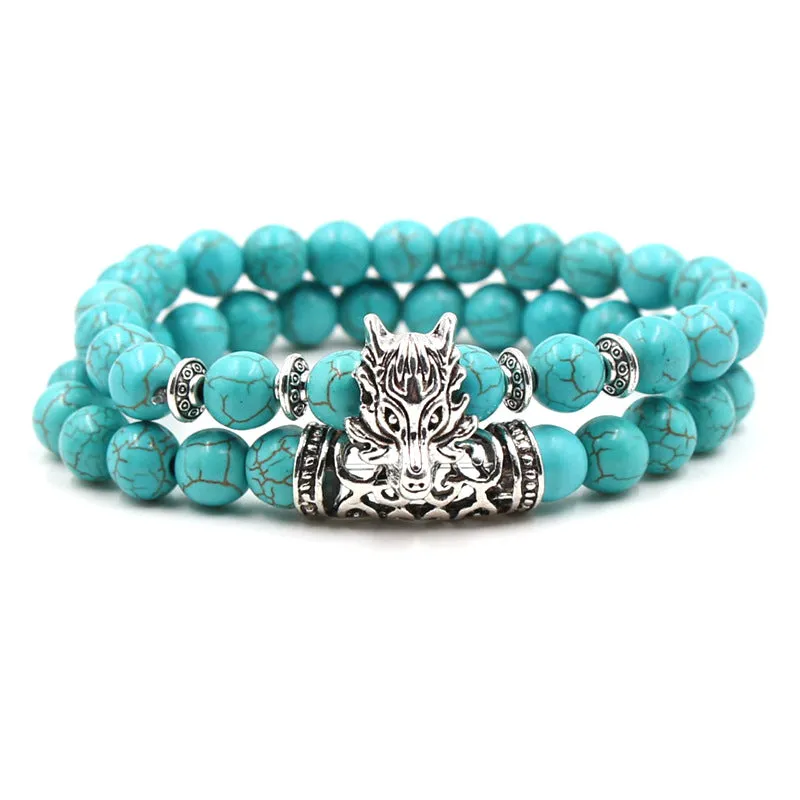 8mm Bohemian Turquoise Bracelet Set – Silver Lion, Owl & Buddha Head Charms for Men