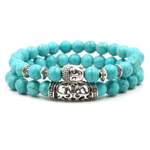 8mm Bohemian Turquoise Bracelet Set – Silver Lion, Owl & Buddha Head Charms for Men