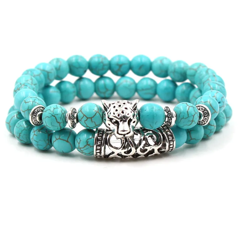 8mm Bohemian Turquoise Bracelet Set – Silver Lion, Owl & Buddha Head Charms for Men