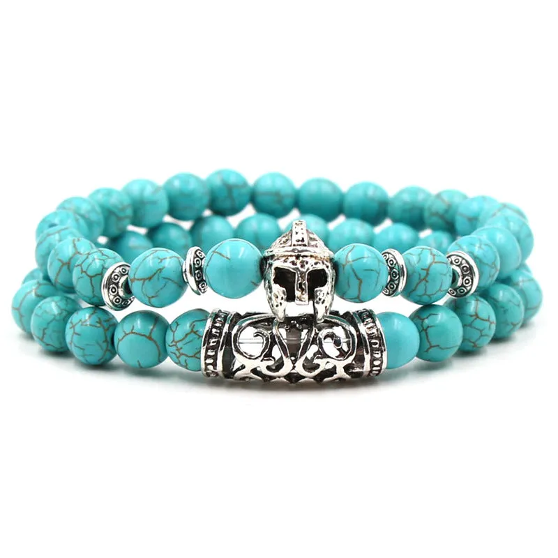 8mm Bohemian Turquoise Bracelet Set – Silver Lion, Owl & Buddha Head Charms for Men