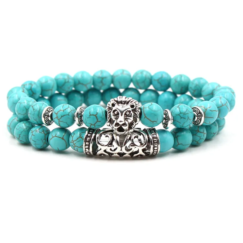 8mm Bohemian Turquoise Bracelet Set – Silver Lion, Owl & Buddha Head Charms for Men
