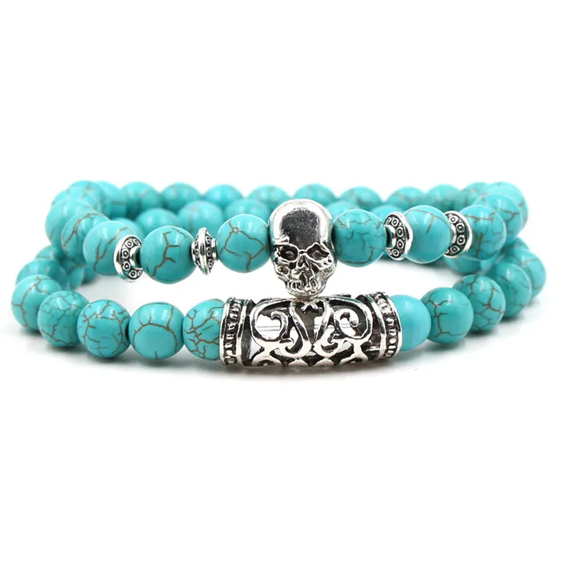 8mm Bohemian Turquoise Bracelet Set – Silver Lion, Owl & Buddha Head Charms for Men