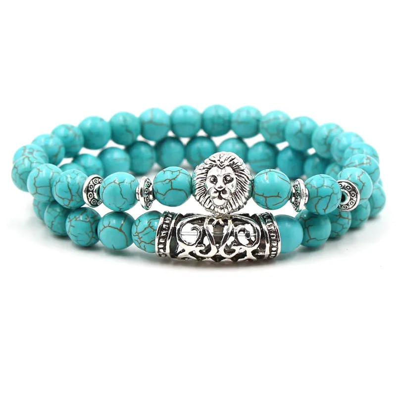 8mm Bohemian Turquoise Bracelet Set – Silver Lion, Owl & Buddha Head Charms for Men