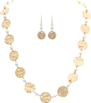Rain Jewelry Gold Faux Pearl Hammered Disc Link Necklace Set